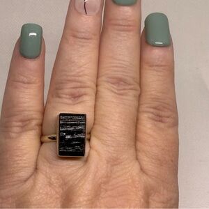 Silver Black tourmaline Stone Ring size 8